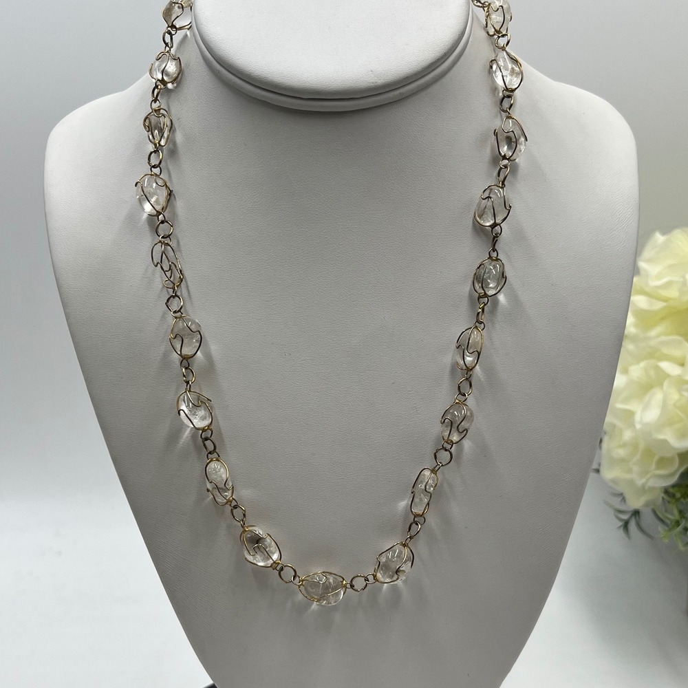 Vintage Gold Tone Clear Rock Quartz Crystal Link Necklace 20" 
Statement Jewelry